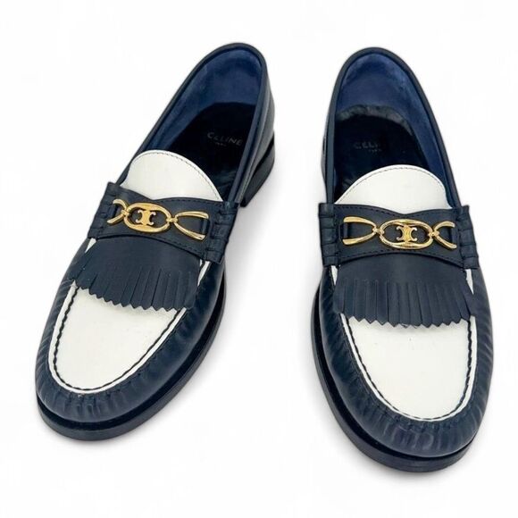 CELINE Women's Luco Triomphe Navy & White Horsebit CC Logo Loafers Size … - Picture 4 of 12